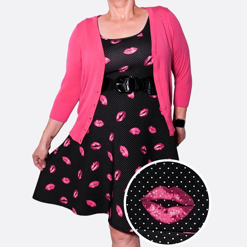 Torrid Scuba Knit Dress XL 1X Lip Print Polka Dot Fit & Flare Valentine's Pinup